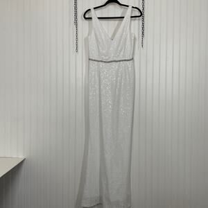 White Sequin V-Neck V-Back Sleeveless Bridal Gown Maxi Dress Size S